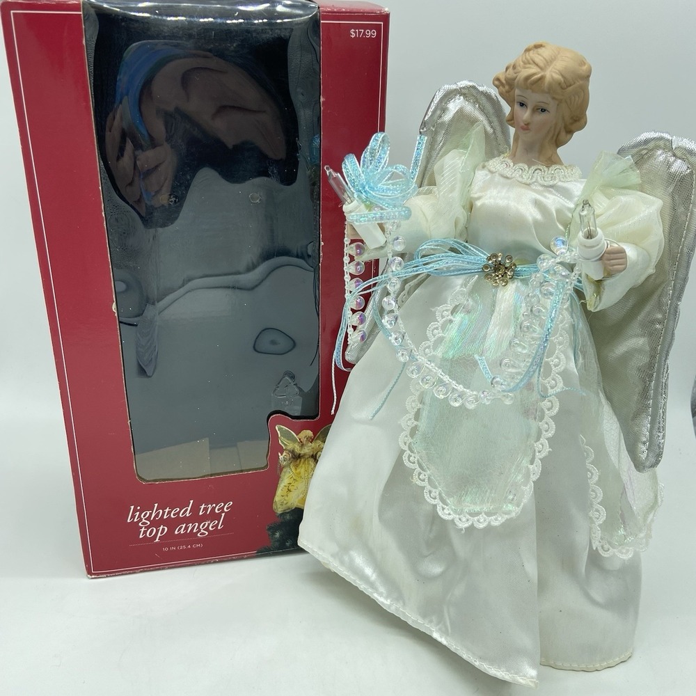 KMart‎ 10" Lighted Tree Top Angel Porcelain Head White Silver Christmas Decor